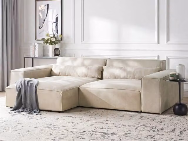 Divano angolare modulare a 2 posti a destra Divano componibile in velluto beige con gambe nere Soggiorno moderno