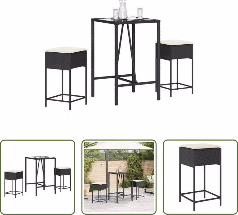 The Living Store Set da bar da giardino in 3 pezzi con cuscini in rattan polivalente nero
