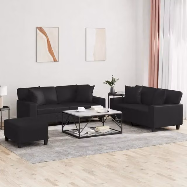Set di divani 3 pezzi vidaXL in similpelle nera con cuscini per soggiorno in stile moderno L/P/H: 154 x 80 x 77 cm