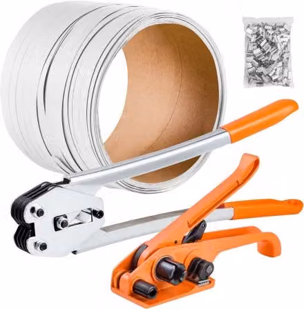 VEVOR Kit di Reggiatura Manuale con Tenditore a Cricchetto, Sigillatrice e Rotolo di Reggia in Plastica da 100 m, Colore Bianco e Multicolore