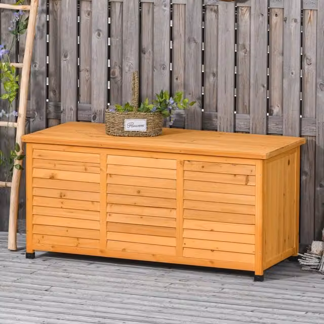 Cassapanca da giardino in legno di abete con coperchio apribile e rivestimento resistente all’acqua colore giallo 127 × 56 × 60 cm