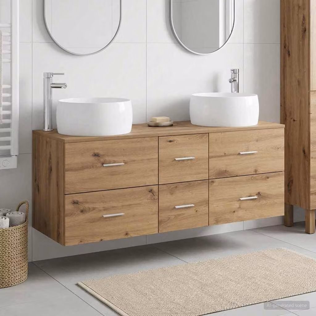 Set di mobili da bagno moderno vidaXL in legno marrone con 3 pezzi e dettagli argento