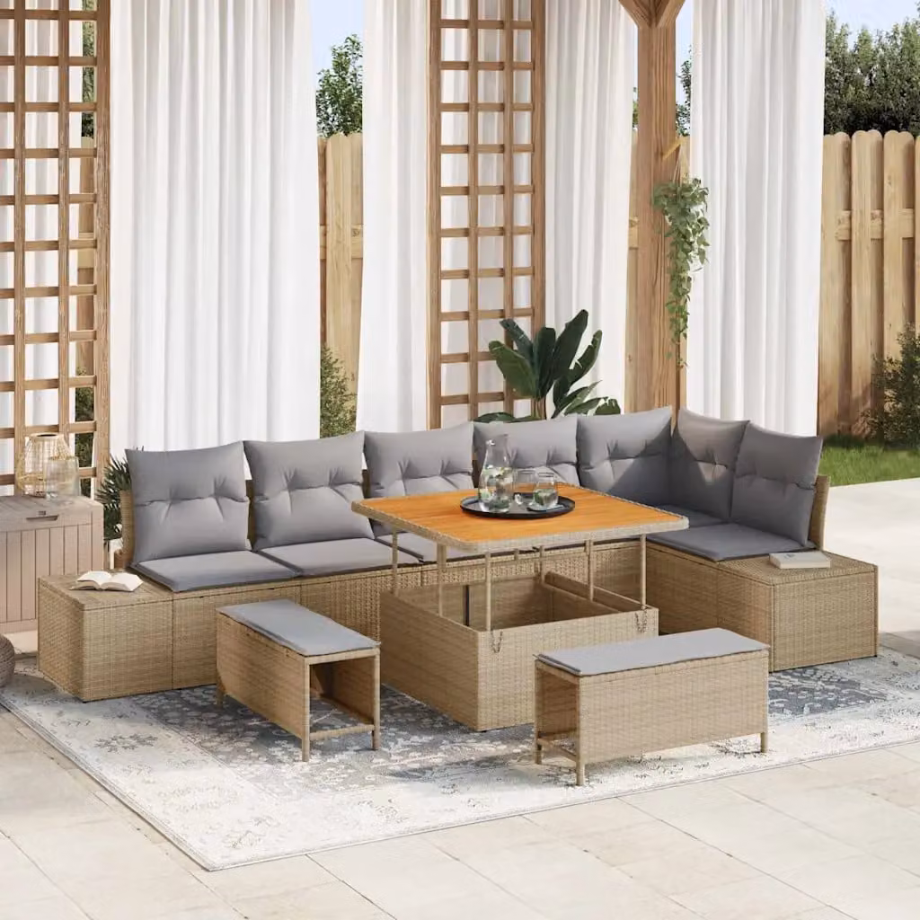 Set Divano da Giardino vidaXL 9 Pezzi Beige con Cuscini e Tavolino in Polyrattan e Acciaio – 1