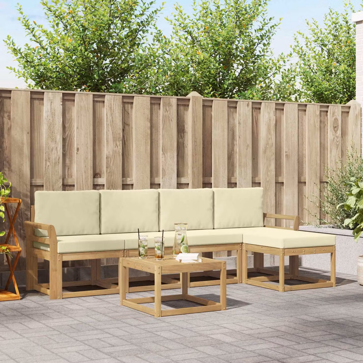Set di divani da esterno moderno vidaXL in legno di acacia oliato, 6 pezzi, Bianco e Beige