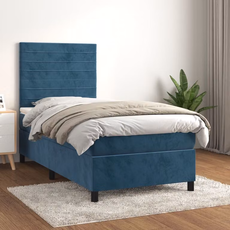 The Living Store Letto a molle con materasso blu scuro 100x200 cm in velluto