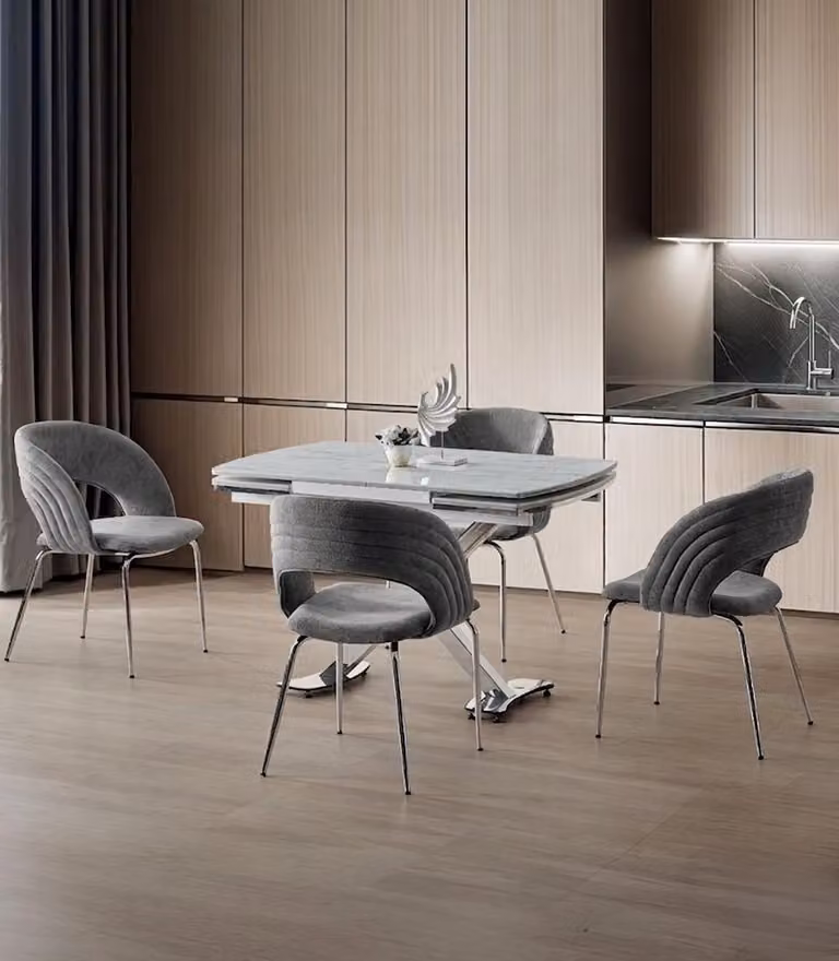 Set per sala da pranzo: tavolo da pranzo, 4 sedie, grigio, estendibile, moderno, con ruote