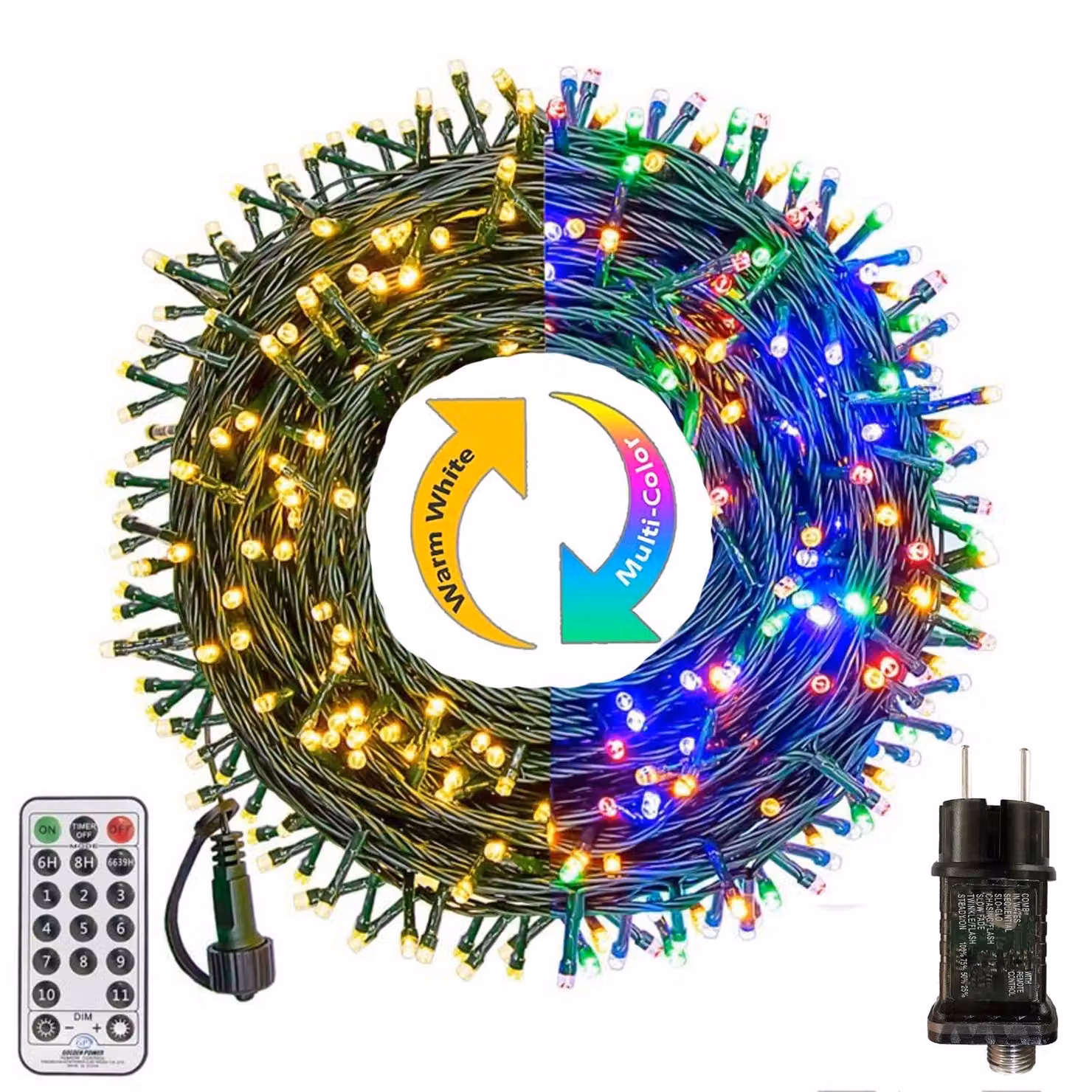 Catena luminosa da 10 metri, con 100 LED, luce bianco caldo/colorata, telecomando, grado di protezione IP65