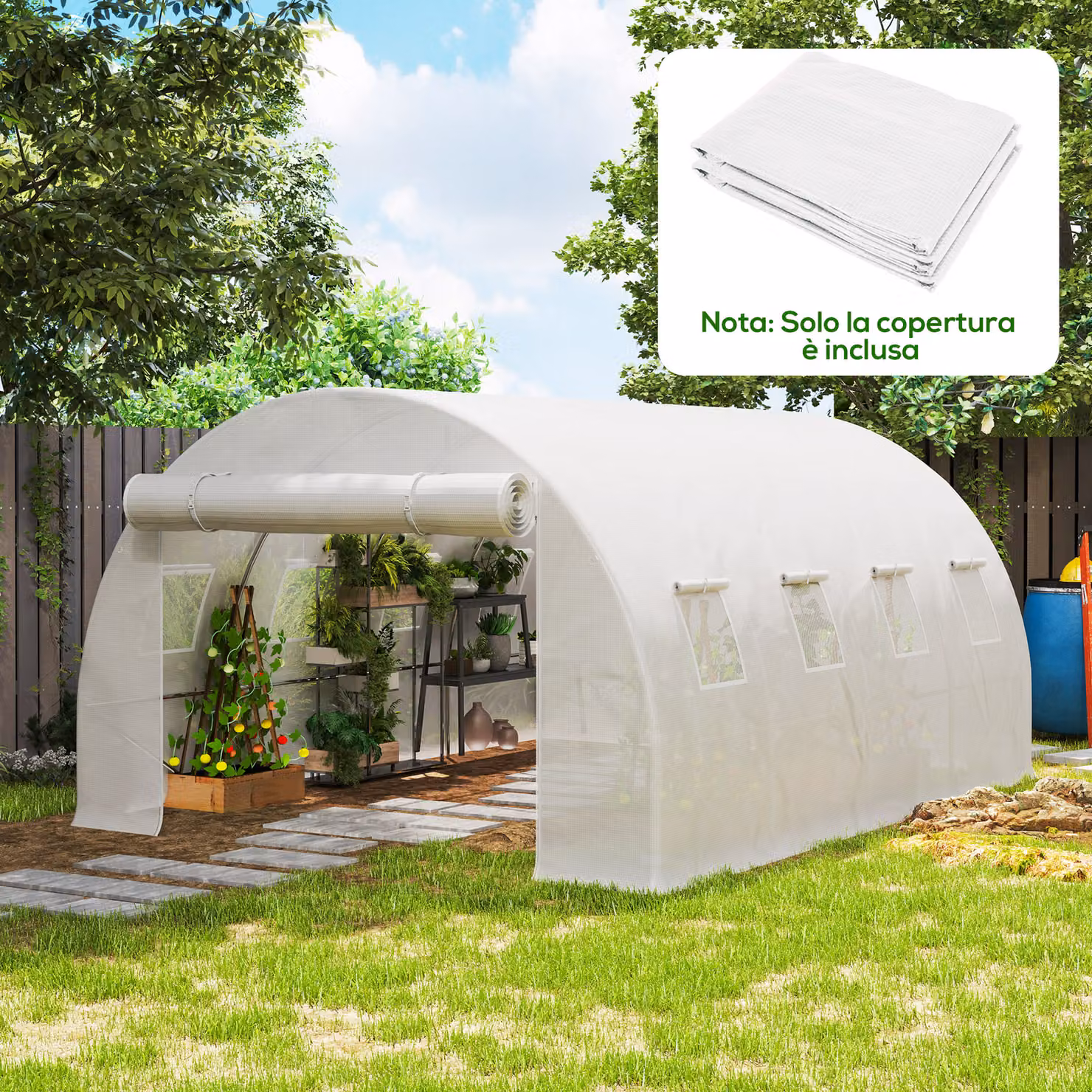 Telo Serra Outsunny in PE Bianco con 8 Finestre, Porta Avvolgibile e Bordi Interrati, L: 4 m, P: 3 m, H: 2 m – 2