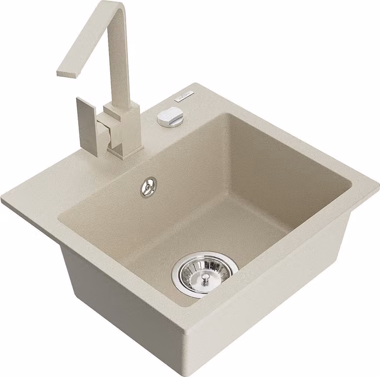 Mexen Milo lavello da cucina in granito a 1 vasca con miscelatore cucina Rita, beige - 6505-69-670300-69