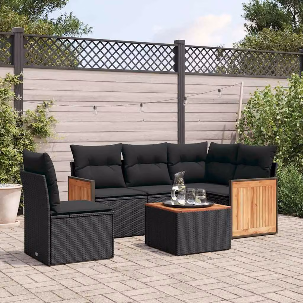 vidaXL Set Divano da Giardino a L 6 pz in Polyrattan Nero con Cuscini e Tavolino – 1