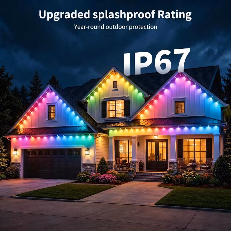 Illuminazione esterna RGBIC - Illuminazione perimetrale continua - 45 metri - 45 LED - Impermeabile IP67 - Controllo tramite app e telecomando - Sincronizzazione con la musica - Spina di tipo EU