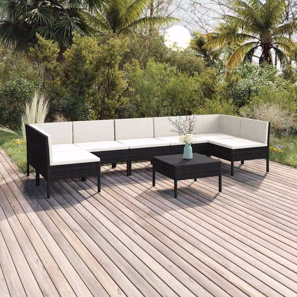 Set Divani da Giardino vidaXL 8 pz con Tavolino e Cuscini, Design Moderno a L, Colore Nero e Bianco