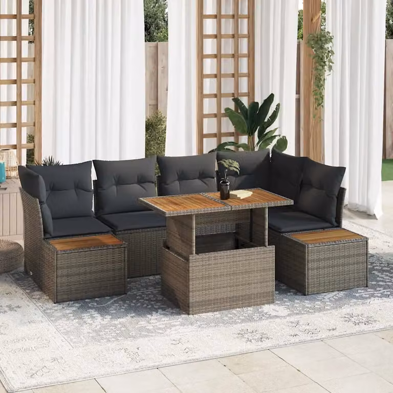 Set Divano da Giardino a L vidaXL in Poly Rattan Grigio con Cuscini, 10 Pezzi
