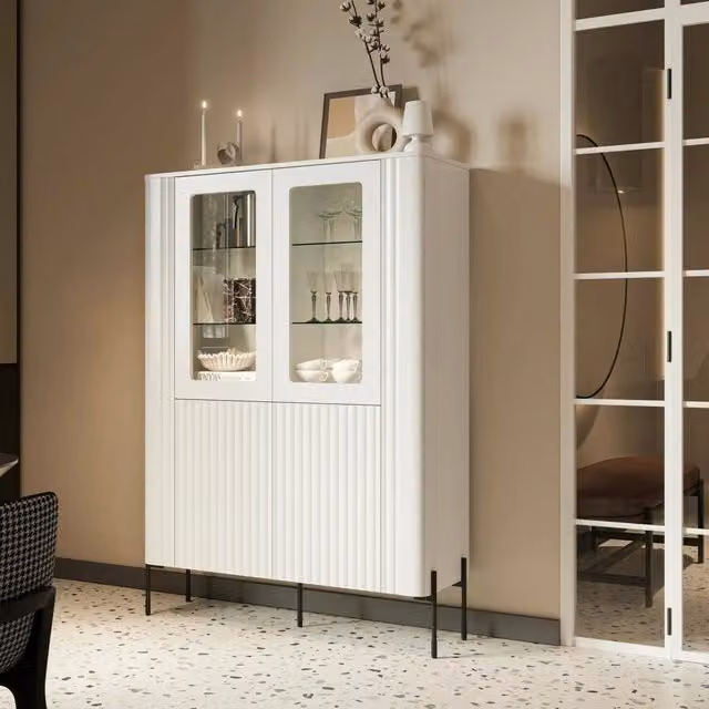 Vetrina Cimino, Vetrinetta da soggiorno con due ante e dettaglio in vetro, Rialzato da terra, 110x40 h160 cm, Bianco