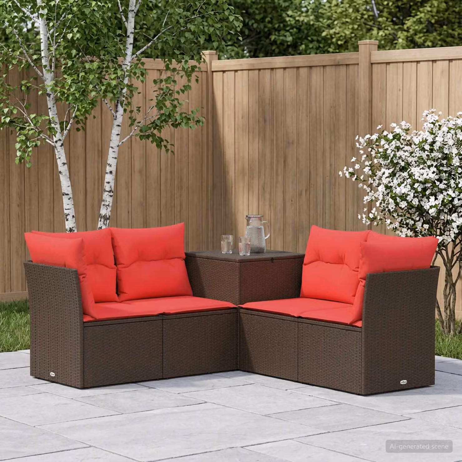 Set di divani da giardino vidaXL a forma di L con cuscini, in polyrattan e metallo, colore marrone e rosso