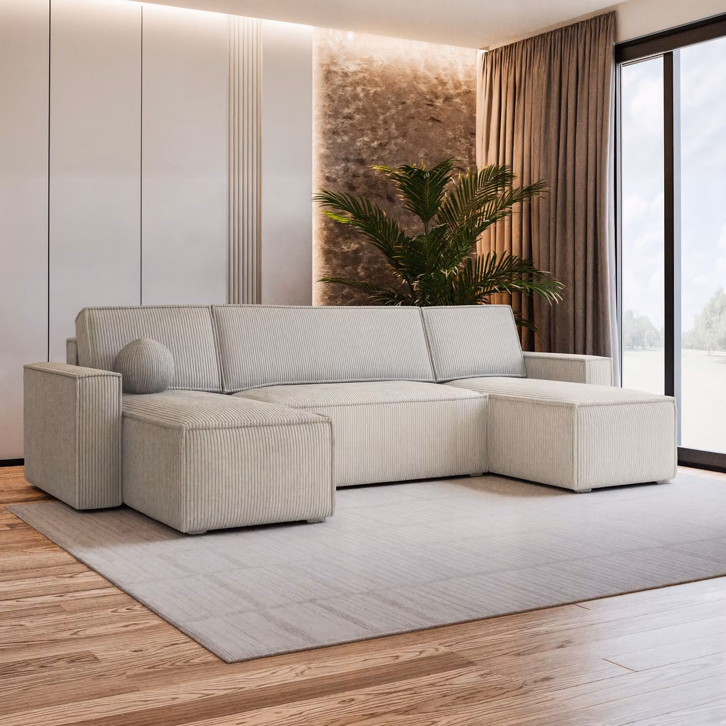 Divano angolare Masseno PESANO P con funzione letto a U, divano con box letto, divano da salotto, divano, divano, divano letto, set di divani - crema, POSO 100
