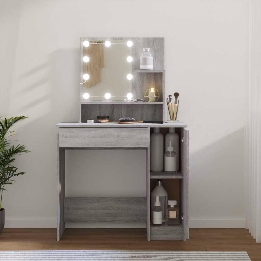 vidaXL Toeletta con LED Grigio Sonoma L: 86,5 cm, P: 35 cm, H: 136 cm