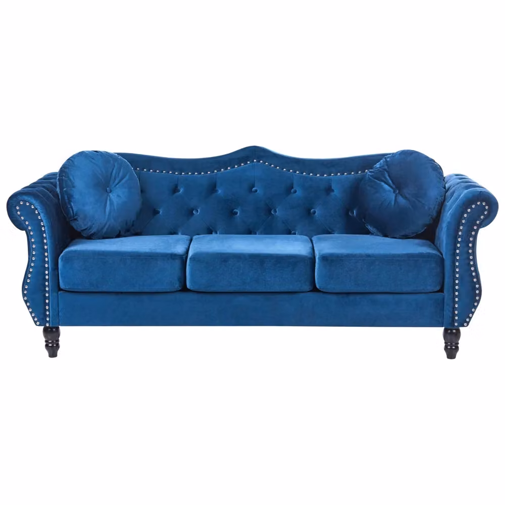 Set da soggiorno Glam Beliani IT in velluto blu composto da divano a 3 posti e divano a 2 posti con dettagli trapuntati e braccioli arrotolati – 2