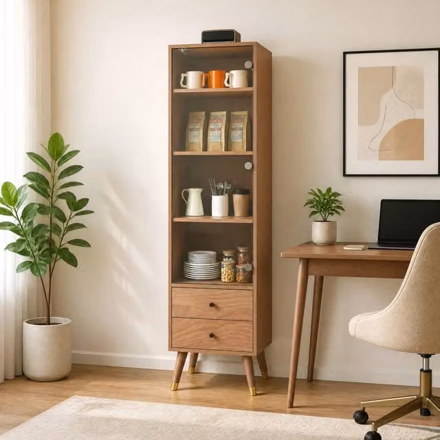 Vetrina MIVRAY moderna in MDF effetto legno marrone con anta in vetro, 3 ripiani regolabili e 2 cassetti per soggiorno – 1