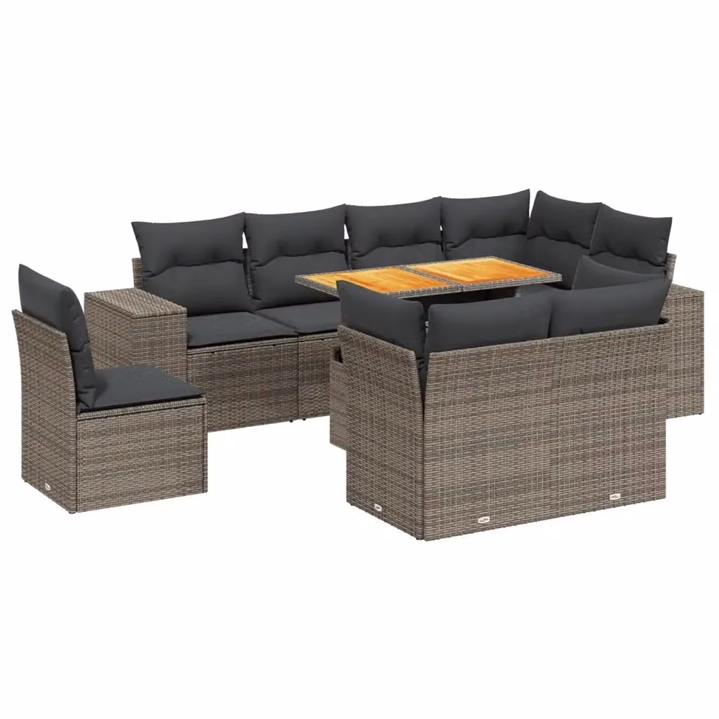 vidaXL Set Divano da Giardino a L 9 pz in Polyrattan Grigio con Cuscini e Tavolino da Esterno – 2