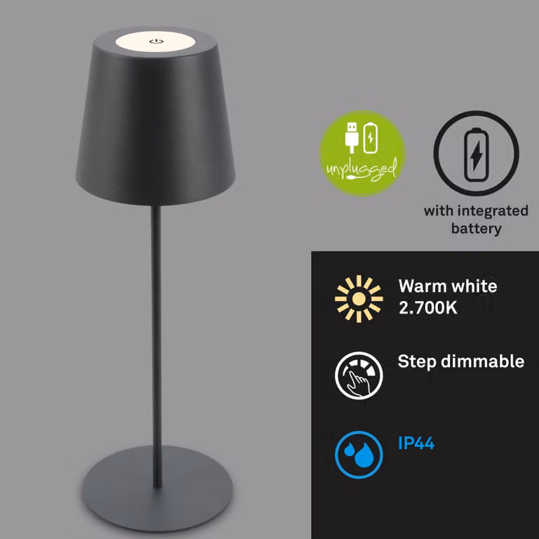 Lampada da tavolo Briloner a batteria, touch, regolabile in altezza, batteria ricaricabile sostituibile