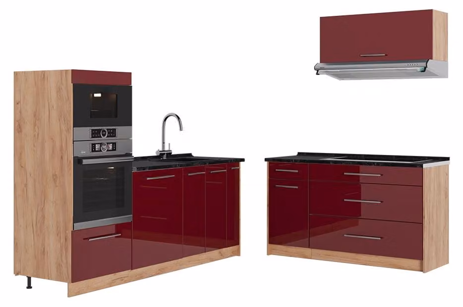 Cucina Vicco Fame-Line Bordeaux lucido/Rovere dorato 340 cm, PL Antracite, Model 63905