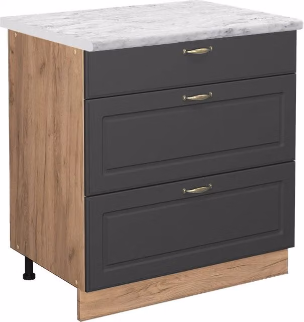 Mobiletto base per cucina Fame-Line Antracite-oro/Rovere dorato 80 cm con 3 cassetti, PL Marmo Vicco