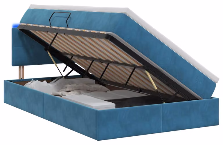 Letto imbottito con tecnologia LED, dotato di materasso, colore blu scuro, dimensioni 120 x 200 cm, rivestito in velluto