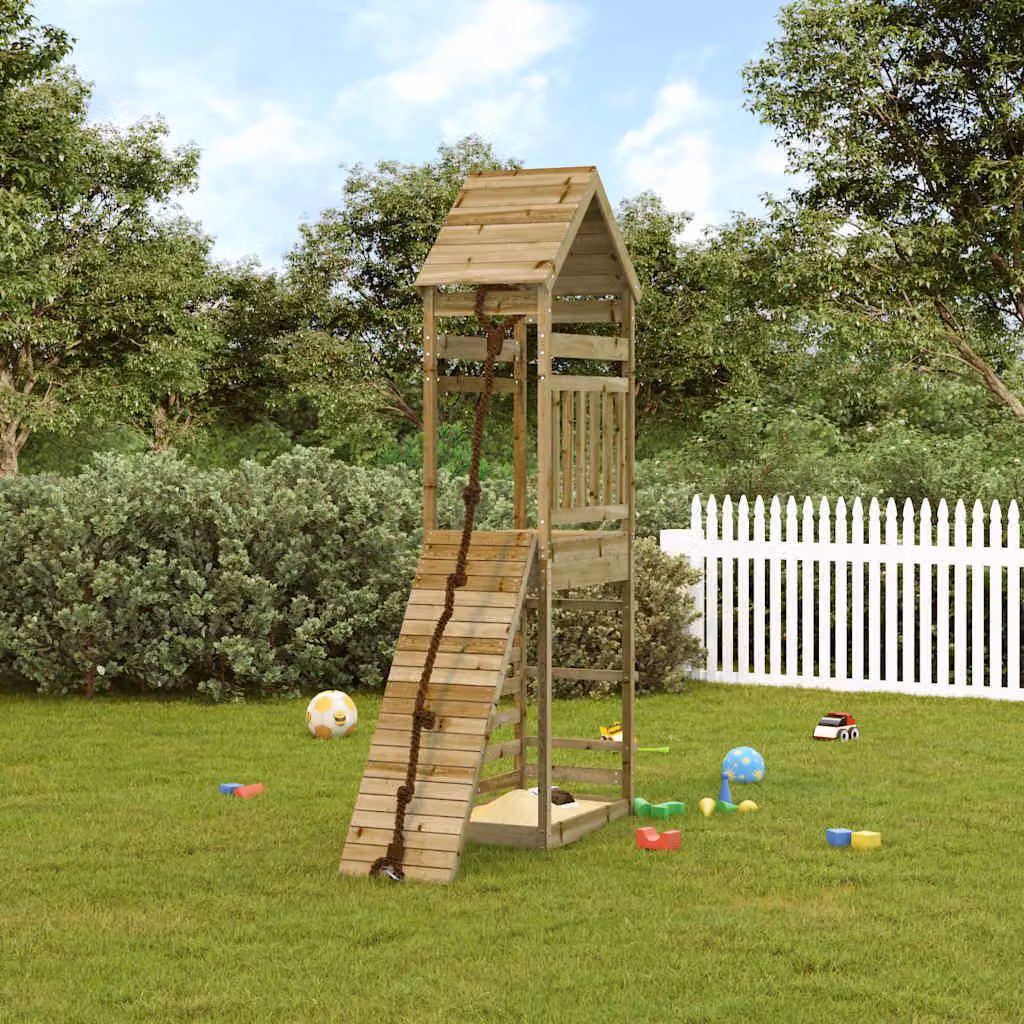 Casetta da gioco con torre e sabbiera vidaXL in legno di pino marrone, L: 264 cm, P: 175 cm, H: 175 cm