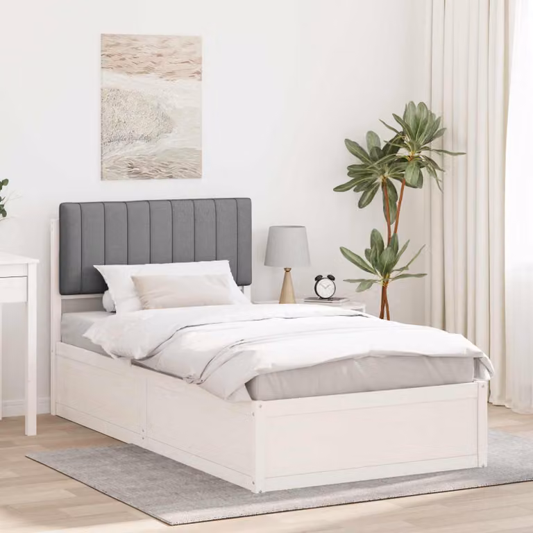 Letto con Testiera Rivestita vidaXL in Legno di Pino e Tessuto Grigio Bianco L/P/H: 100 x 200 x 105,5 cm