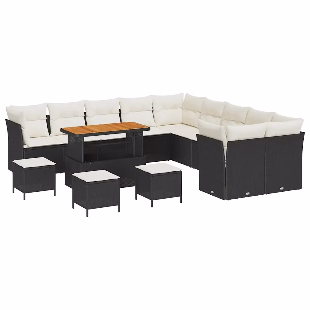 Set Divano da Giardino vidaXL 14 Pezzi a Forma di U con Cuscini Nero e Beige in Polyrattan e Acciaio – 2