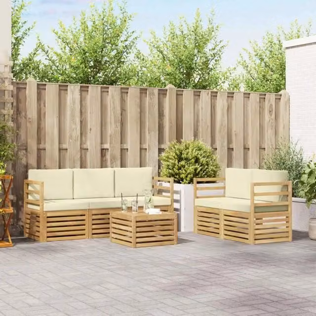 Set di divani da esterno con tavolino vidaXL in legno di acacia con cuscini bianchi e beige