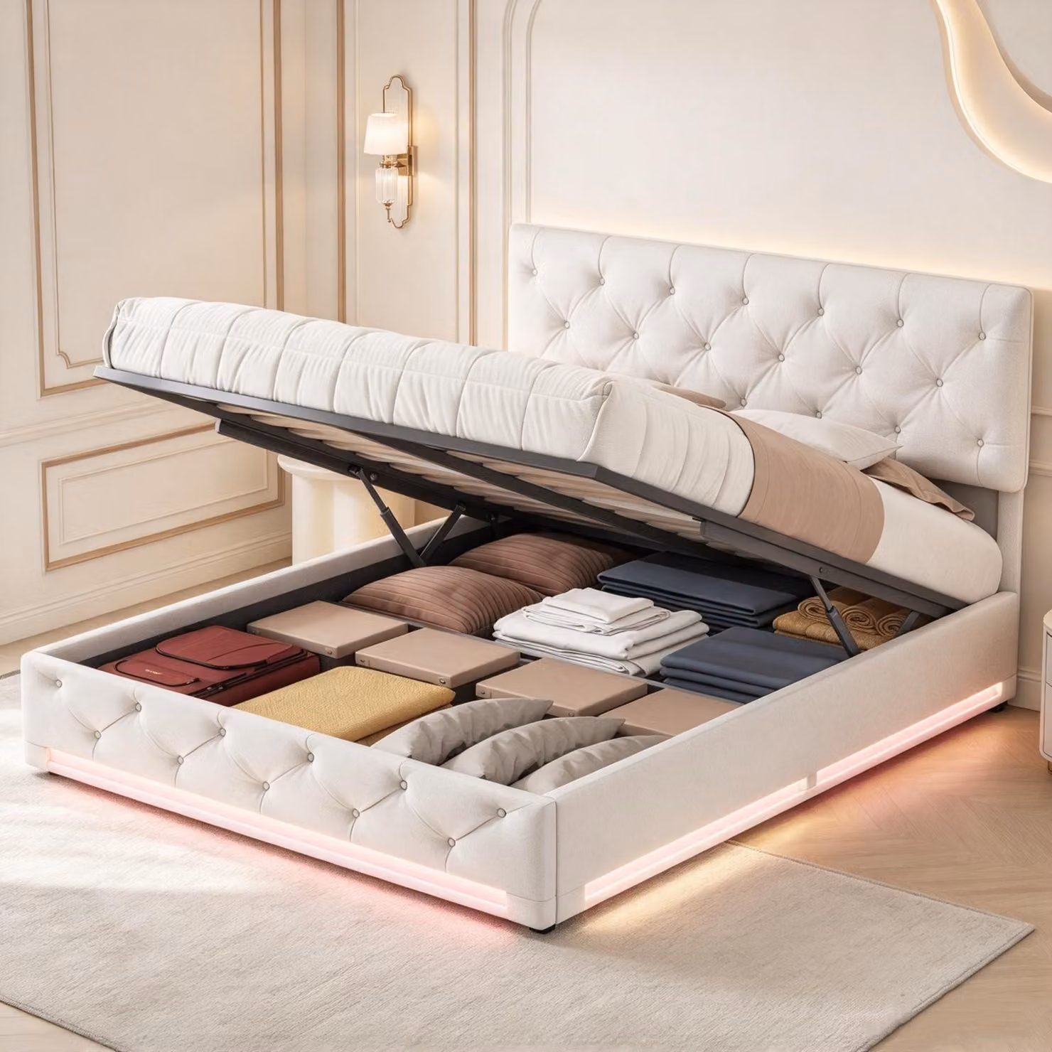 Letto imbottito INONEFT 160x200 cm con LED, letto con spazio contenitore ad apertura idraulica, letto a molle con rete a doghe, tessuto in lino, color beige