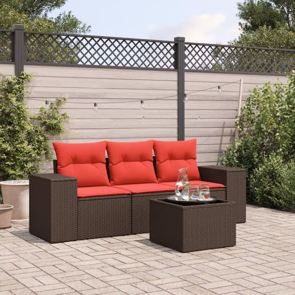Set da giardino vidaXL composto da 4 pezzi in polyrattan marrone con cuscini imbottiti e tavolino