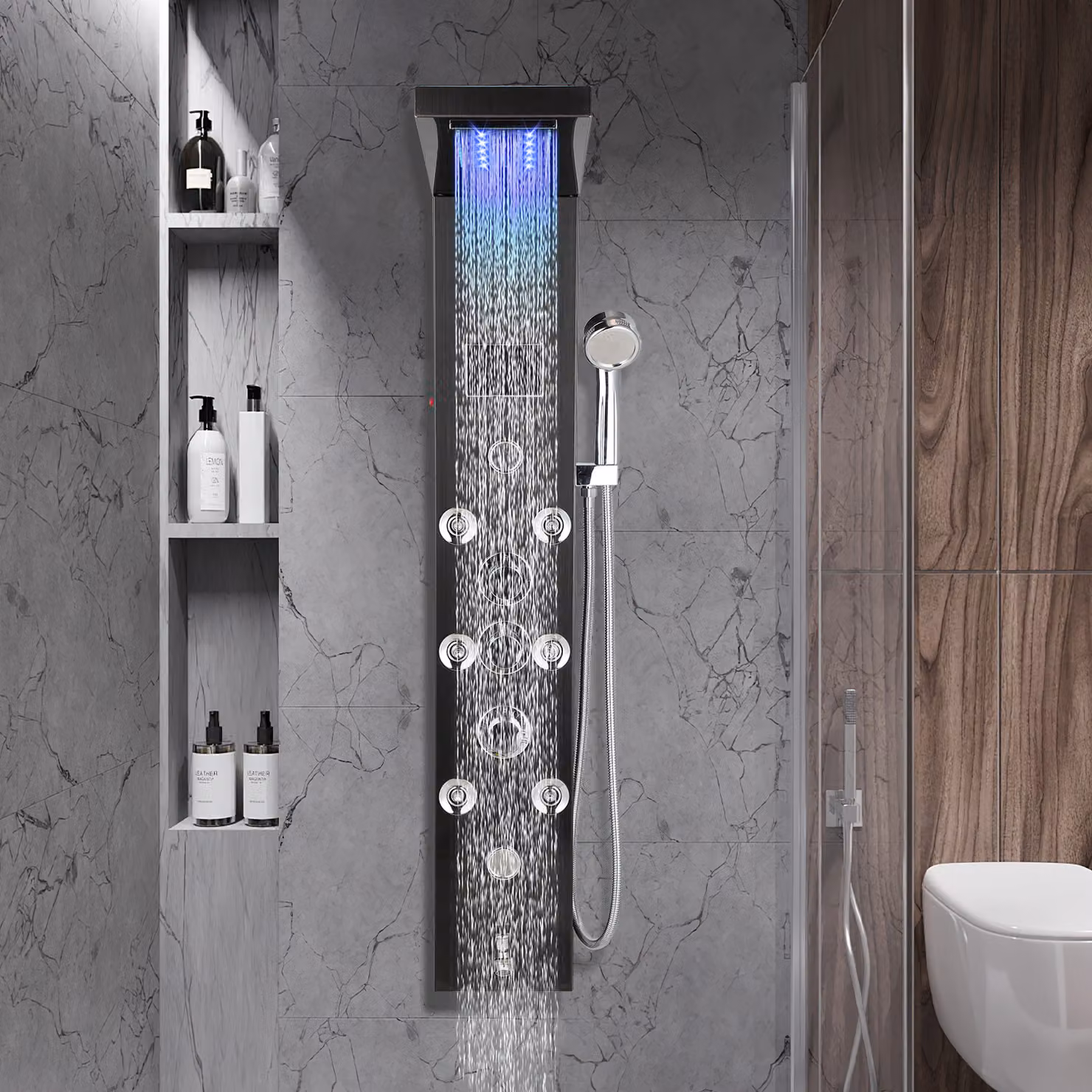 Colonna doccia Ikodm, pannello doccia in acciaio inossidabile 304 nero, con 6 funzioni (pioggia, cascata, massaggio), soffione manuale, erogatore per vasca e display LED, attacco G1/2