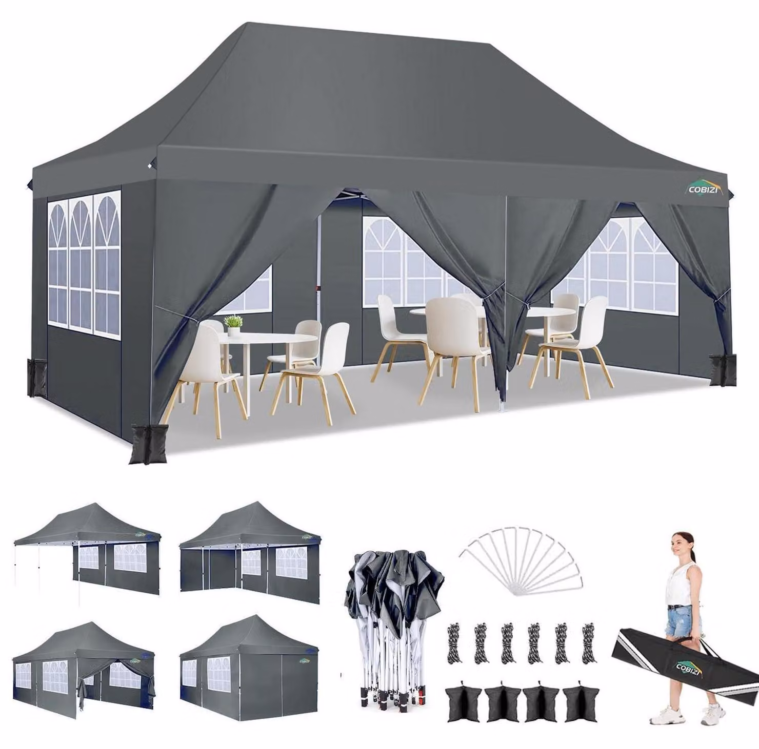 Gazebo da esterno 3x6 metri, impermeabile, con 6 pannelli laterali, colore grigio scuro