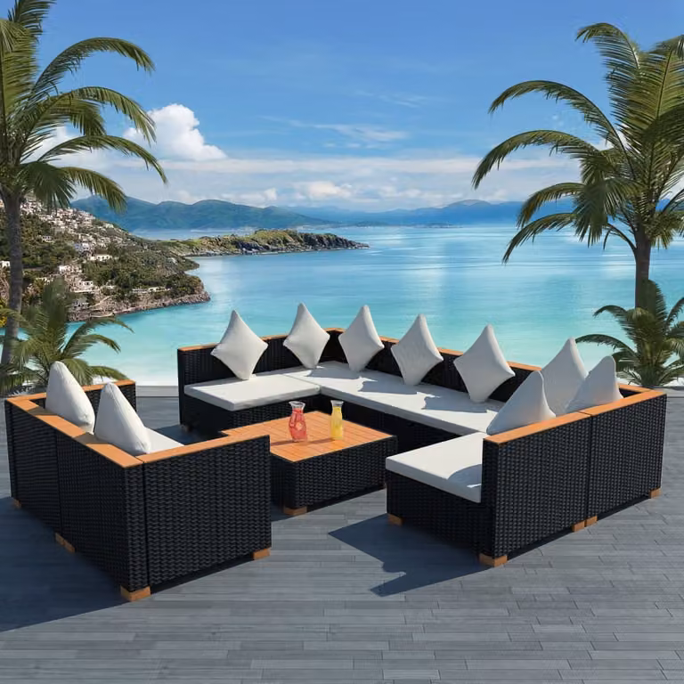 The Living Store Set da giardino 9 pezzi con cuscini in poly rattan nero