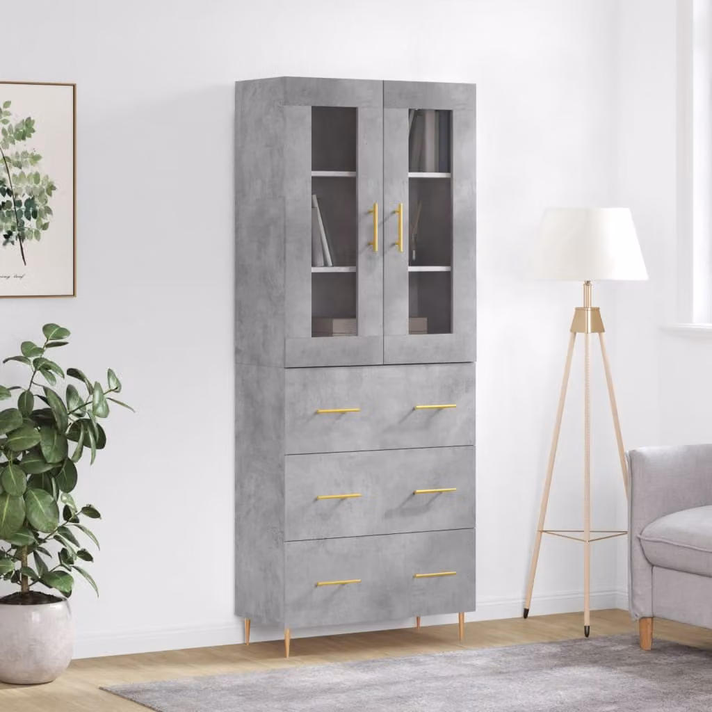 Credenza moderna vidaXL in legno e vetro con ante in vetro, Grigio, L: 69,5 cm, P: 34,0 cm, H: 180,0 cm
