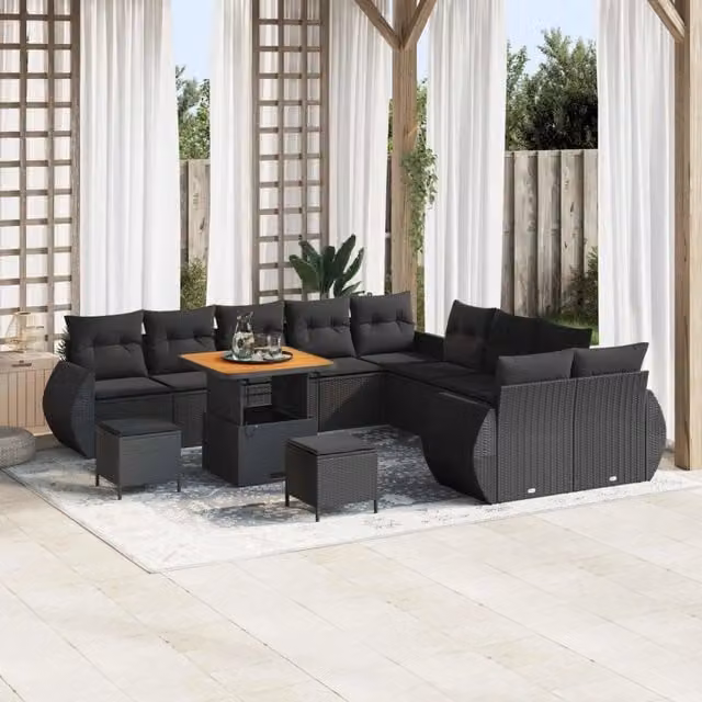 Set Divano da Giardino vidaXL a forma a U con 13 pezzi, Nero, con Cuscini e Tavolino da Caffè
