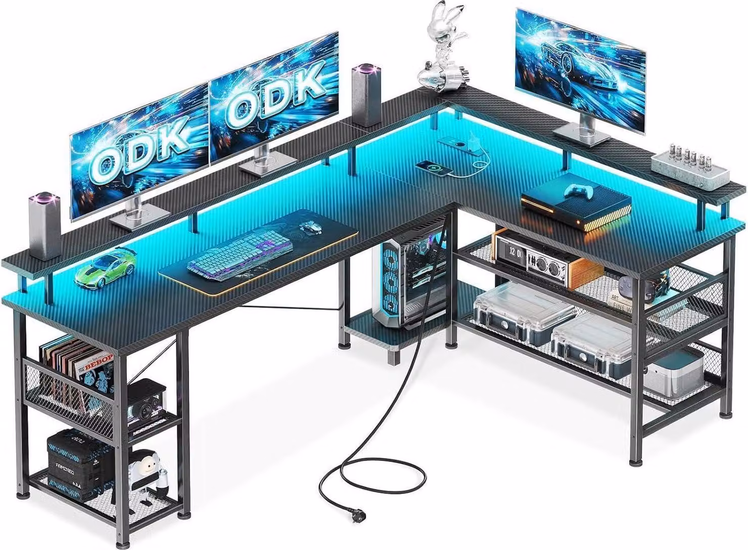 Scrivania da gioco ODK Scrivania angolare a LED in fibra di carbonio nera 168×120 cm