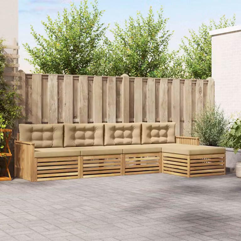 vidaXL Set di divani da esterno a L in legno di acacia con pouf, Bianco e Beige
