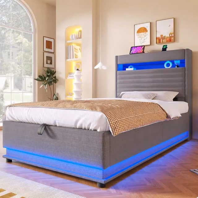 Letto singolo imbottito 90×200 cm con vano idraulico, LED regolabili, USB e Type-C, senza materasso, in lino grigio