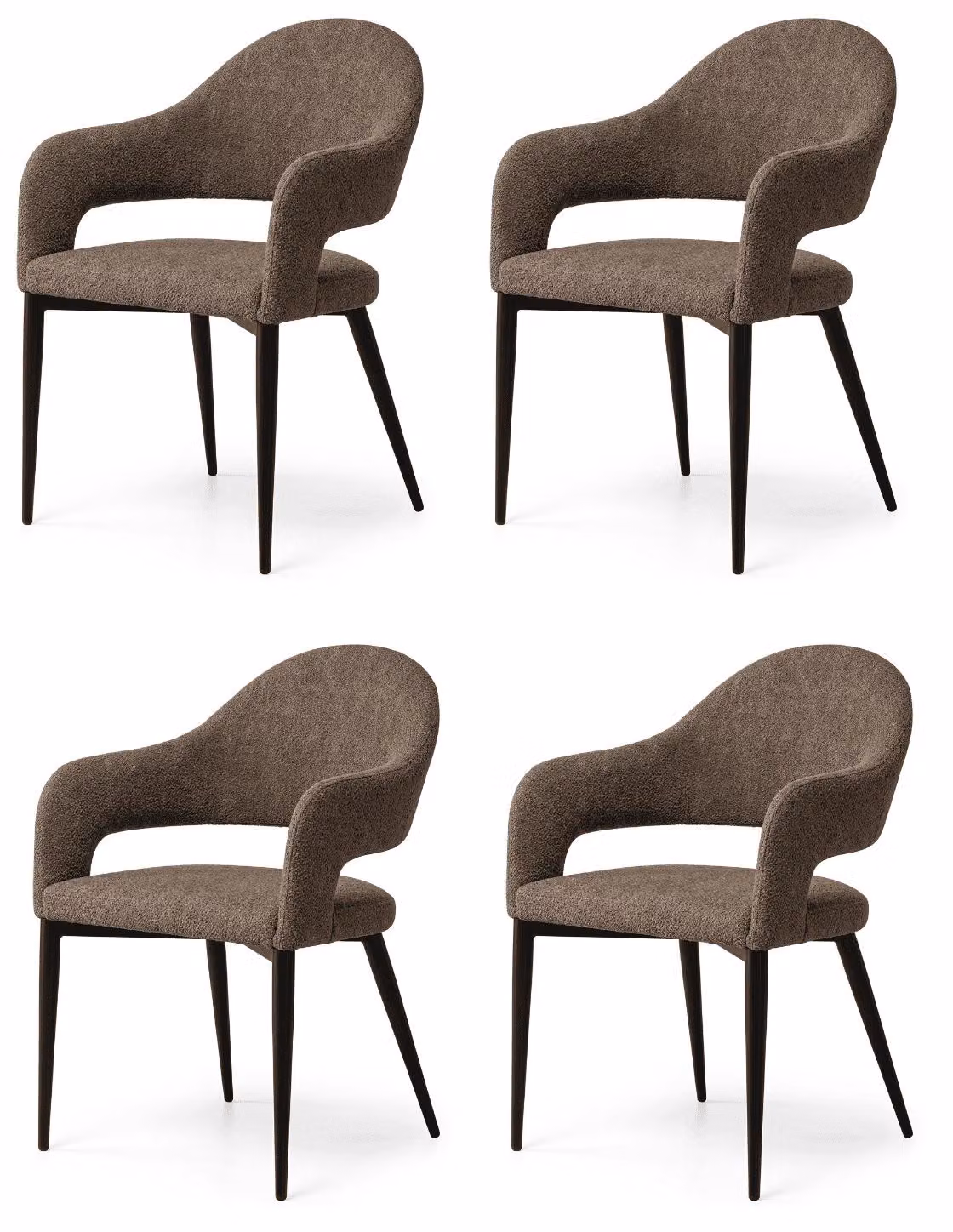 Set di 4 eleganti sedie da pranzo in tessuto marrone, con braccioli raffinati