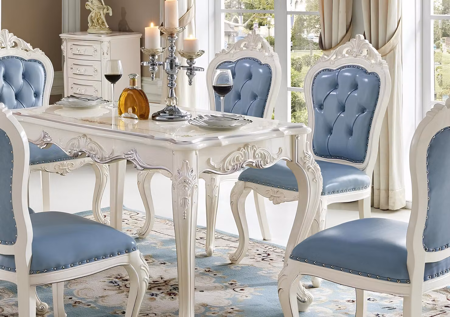 Barock Antik Stil Esszimmer Set Holz Marmor Tisch Klassische 6x Stühle Stuhl