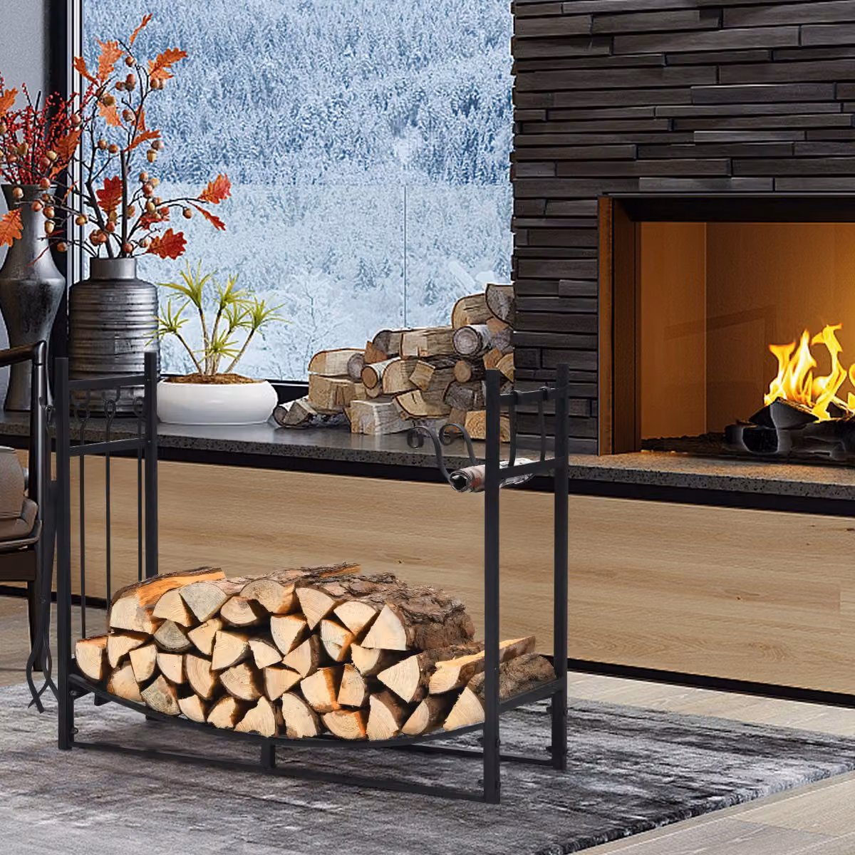 Costway Porta legna da ardere con set di attrezzi nero L/P/H: 91 x 33 x 76 cm