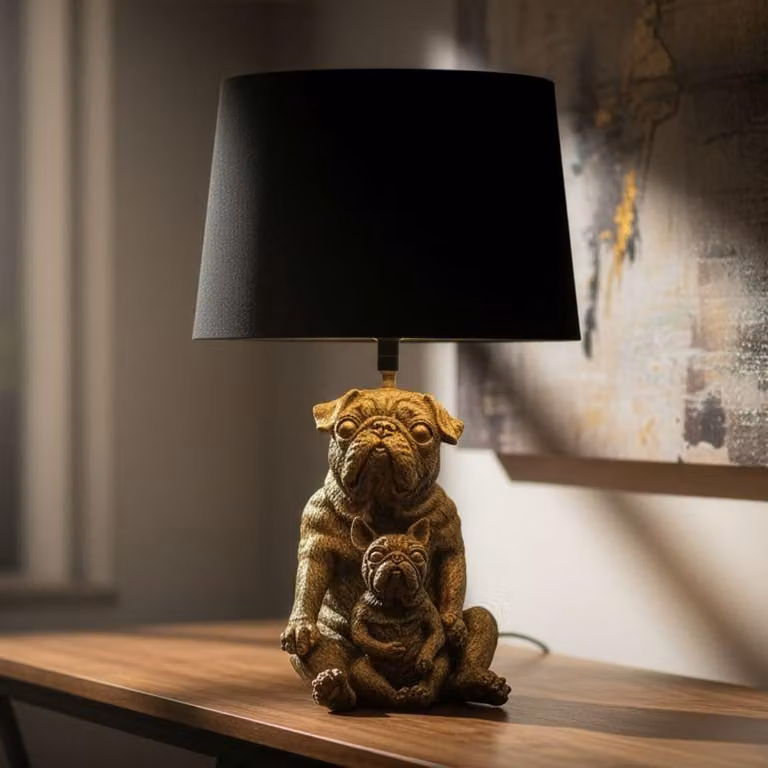 Lampada da tavolo a forma di cane, razza bulldog francese, in resina, dimensioni 26x43,8 cm, colore oro e nero, design Mauro Ferretti