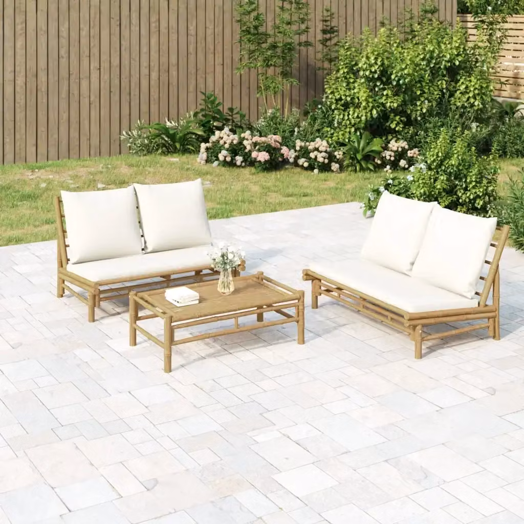 Panchina da giardino in bambù con cuscini bianchi DESIGN IN L: 110 cm, P: 85,5 cm, H: 73,5 cm – 2