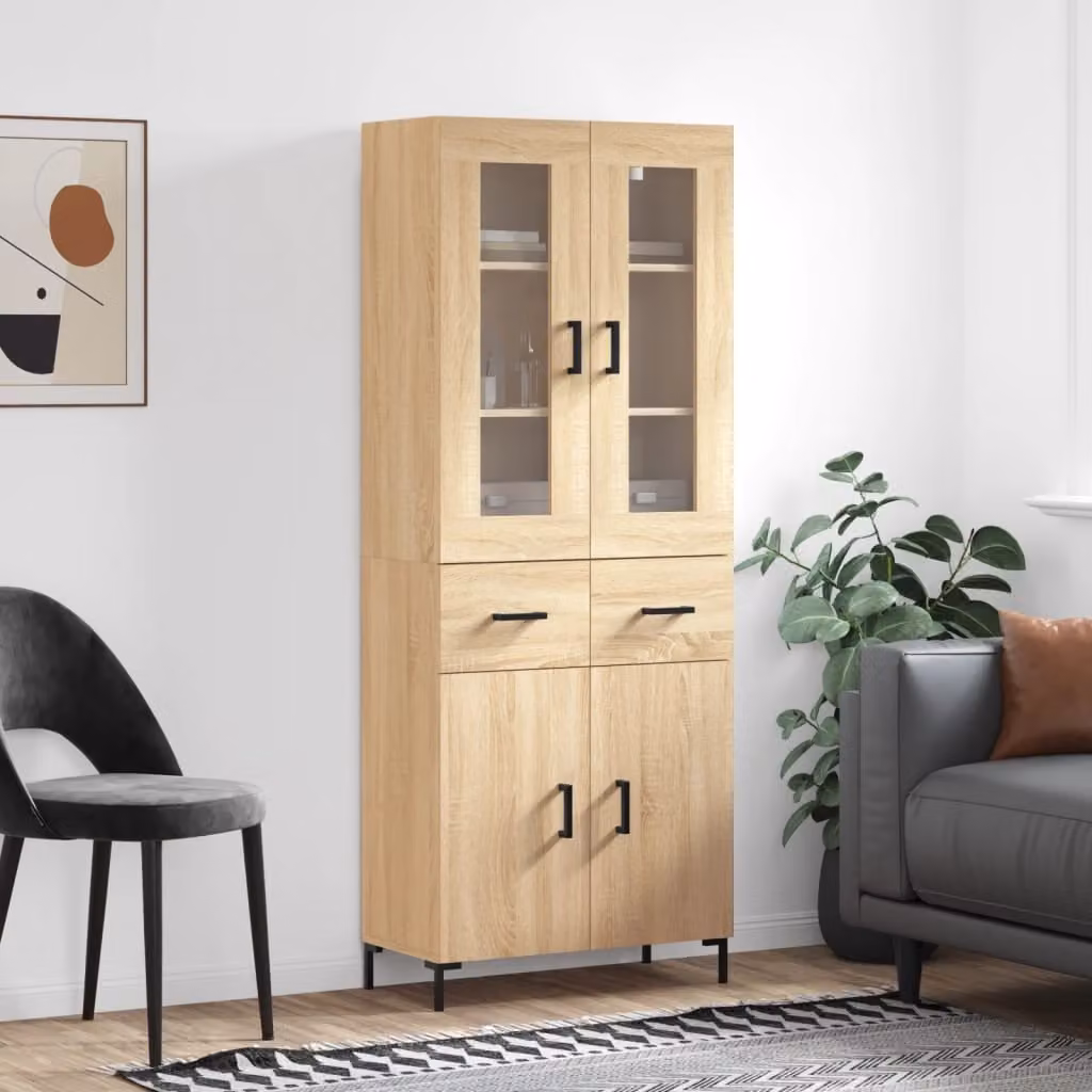 Credenza moderna vidaXL in legno e vetro color rovere, L: 69,5 cm, P: 34 cm, H: 180 cm