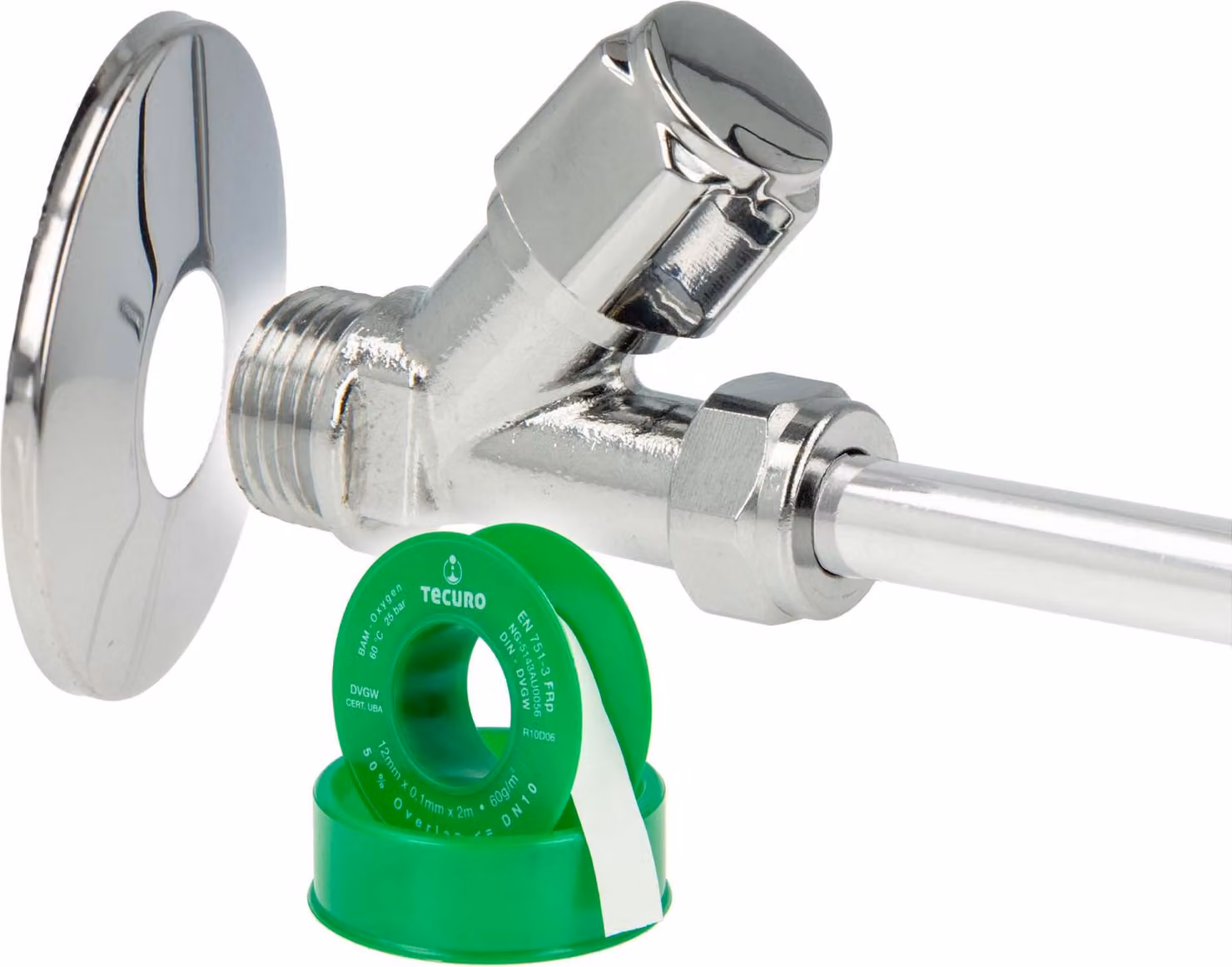 Valvola a gomito tecuro COMFORT, 1/2 pollice x 3/8 pollice, finitura cromata lucida, con rosetta e nastro in teflon