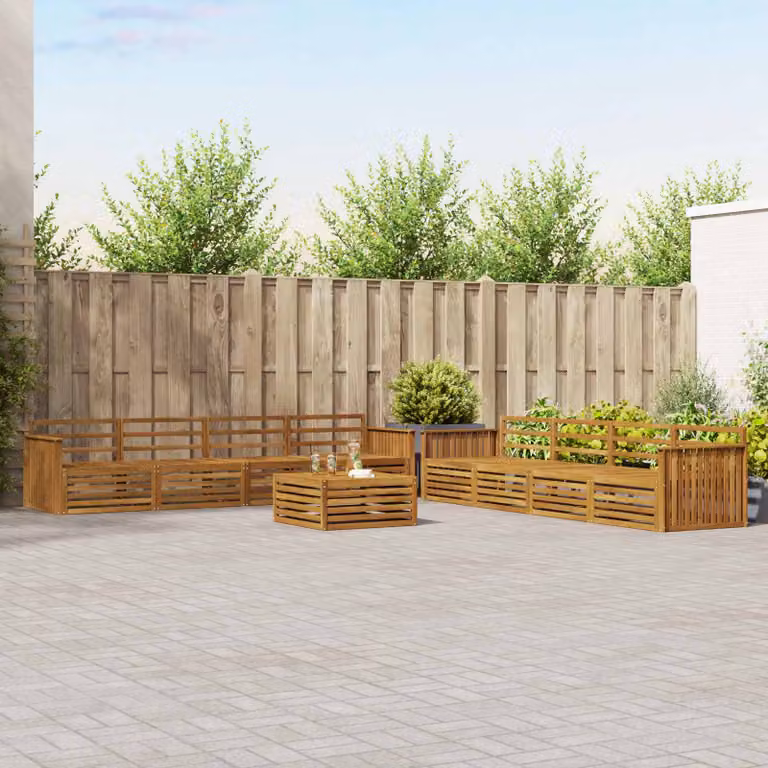 vidaXL Set di divani da esterno a forma di U composto da 9 pezzi in legno di acacia massello marrone con cuscini inclusi